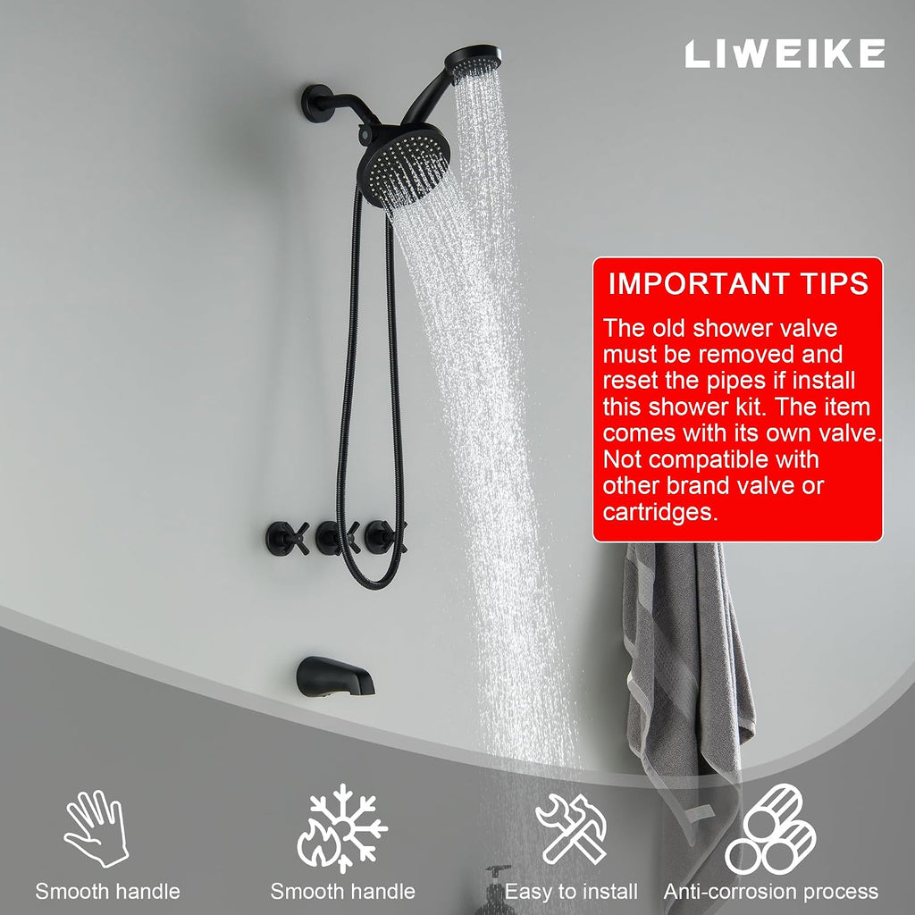 LIWEIKE 3 Handle Tub Shower Faucet, Matte Black Three Handles and Tub Spout Faucet Set Black Shower Faucet 3 Knob Brass Rough-in Valve