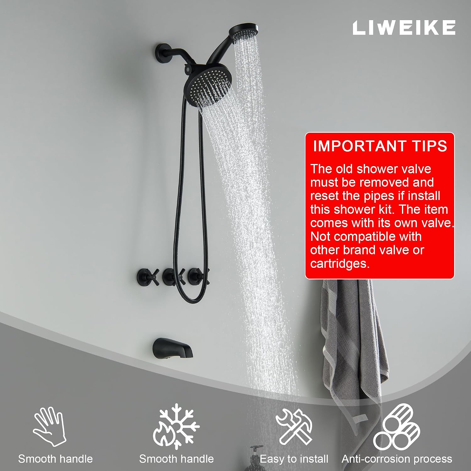 LIWEIKE 3 Handle Tub Shower Faucet, Matte Black Three Handles and Tub Spout Faucet Set Black Shower Faucet 3 Knob Brass Rough-in Valve