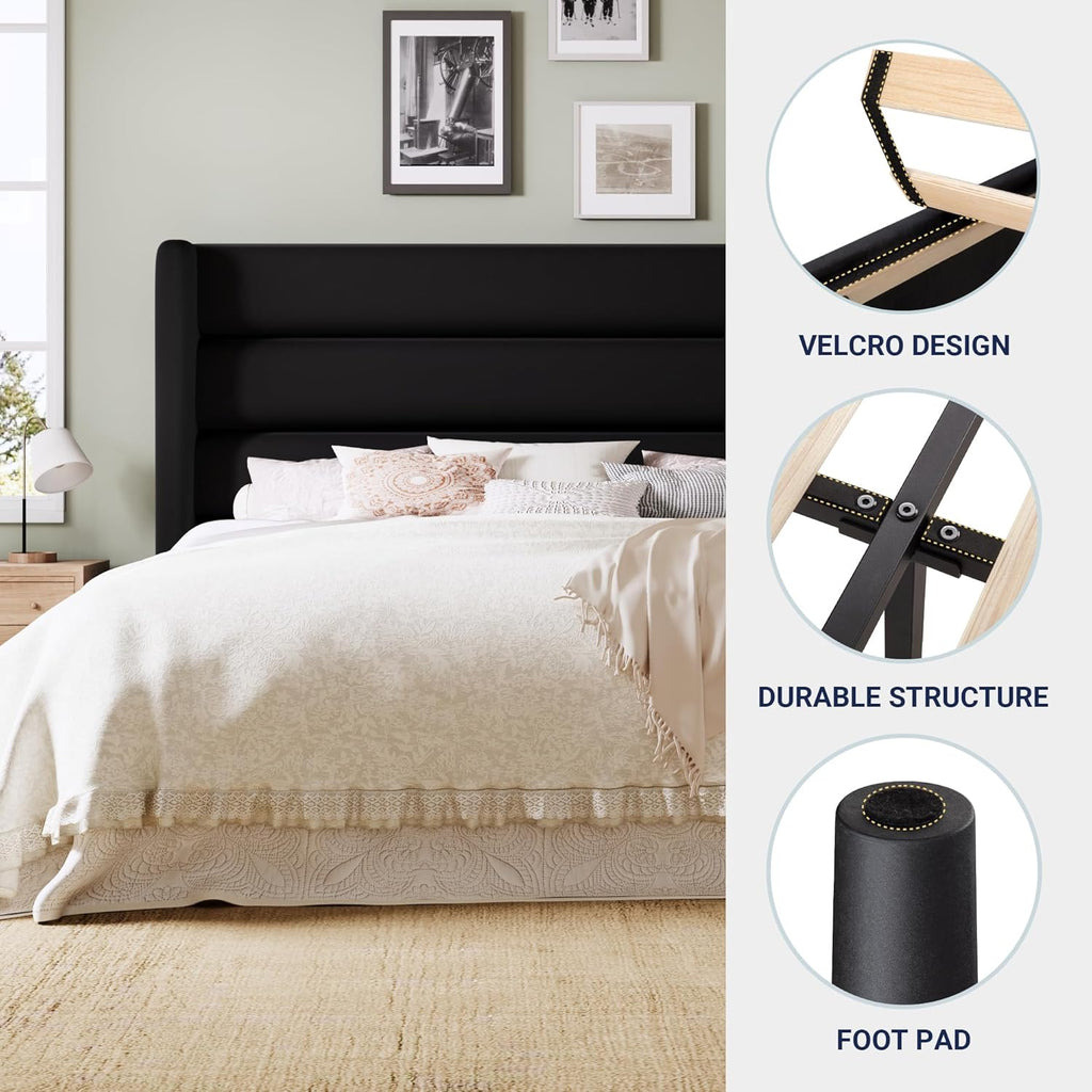 Allewie Full Size Platform Bed Frame with Velvet Upholstered Wingback Headboard, No Box Spring Needed, Under Bed Storage Space, Strong Wooden Slats, Modern Mattress Foundation, Easy Assembly, Black