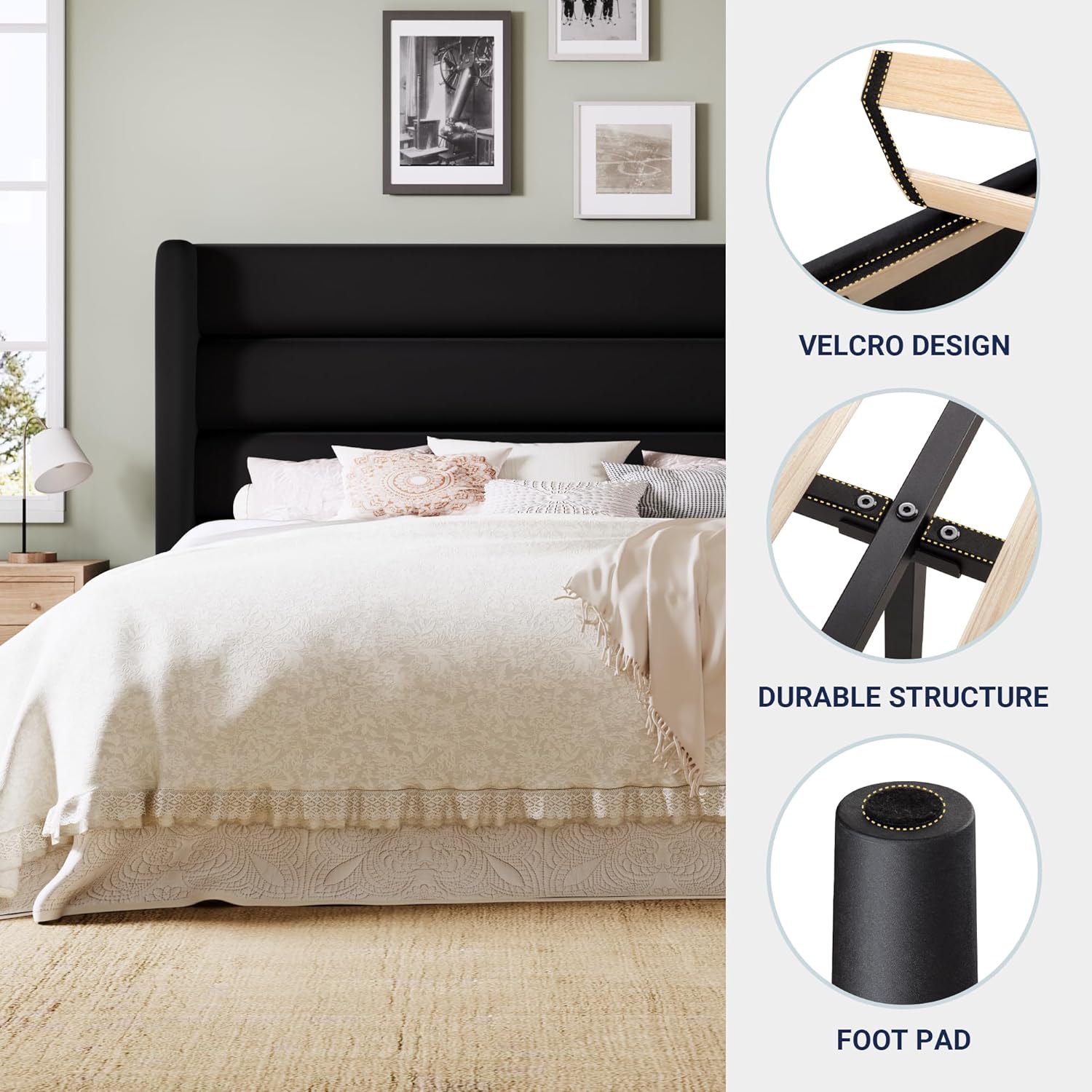 Allewie Full Size Platform Bed Frame with Velvet Upholstered Wingback Headboard, No Box Spring Needed, Under Bed Storage Space, Strong Wooden Slats, Modern Mattress Foundation, Easy Assembly, Black