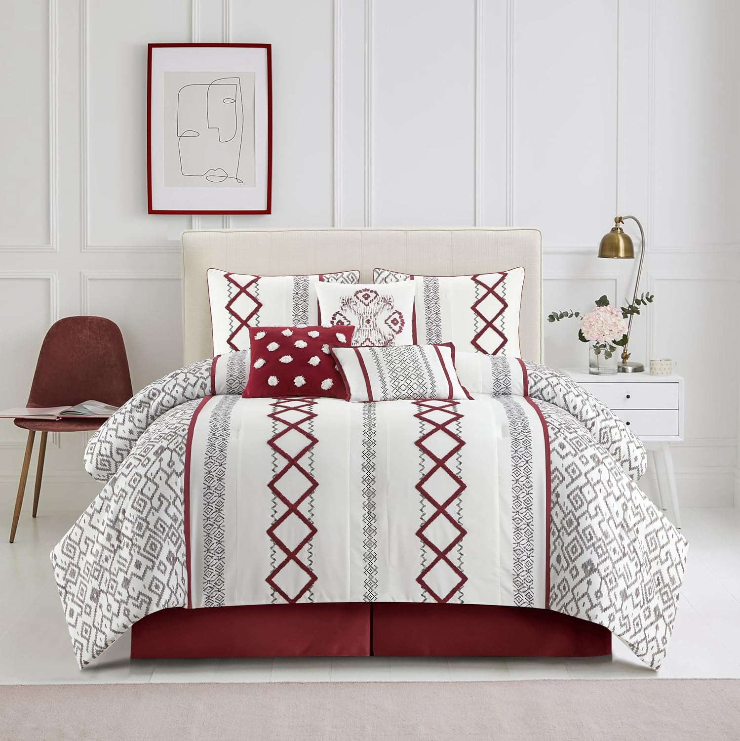 Grand Avenue White Red Comforter Set King Size, 7 Piece Terry Embroidery All Season Bedding Set, Bedskirt, Pillows & Shams