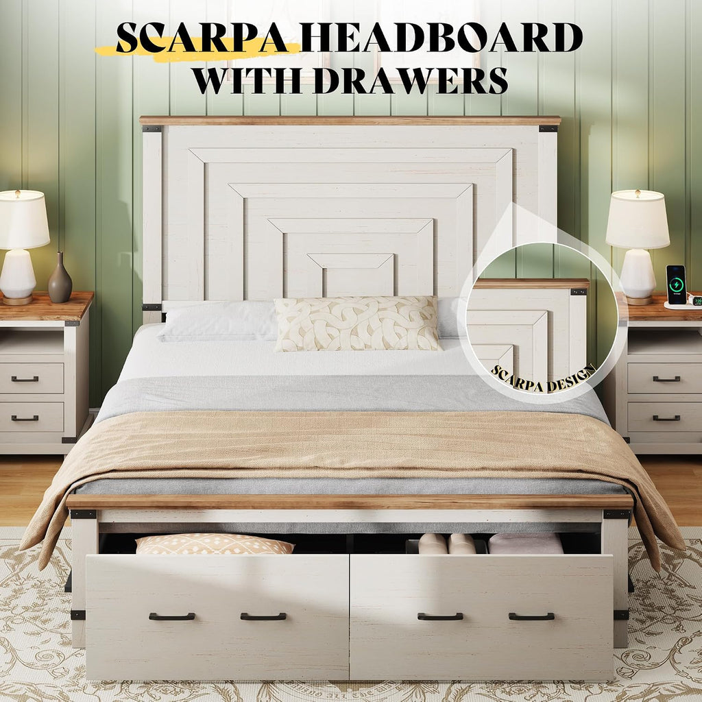 AMERLIFE Queen Bed Frame with Drawers, 54' Tall Headboard, Wood Platform Bed, No Box Spring Needed, Farmhouse Bedframe for Bedroom, Rustic White