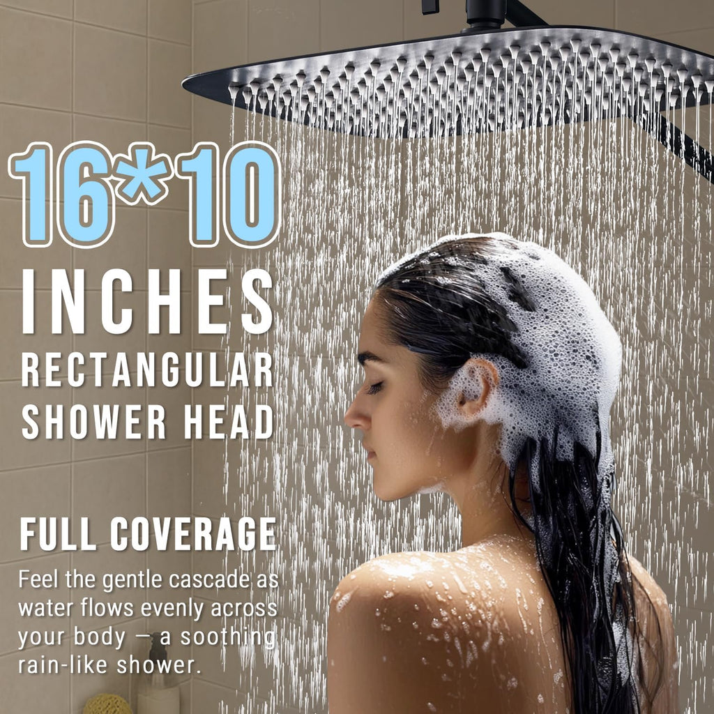 G-Promise All Metal 16 Inch Dual Square Shower Head with Handheld Spray Combo, Rain Shower Head, Adjustable Extension Arm, 3-Way Diverter, 71 Inch Extra Long Hose - A Bathroom Upgrade (Matte Black)