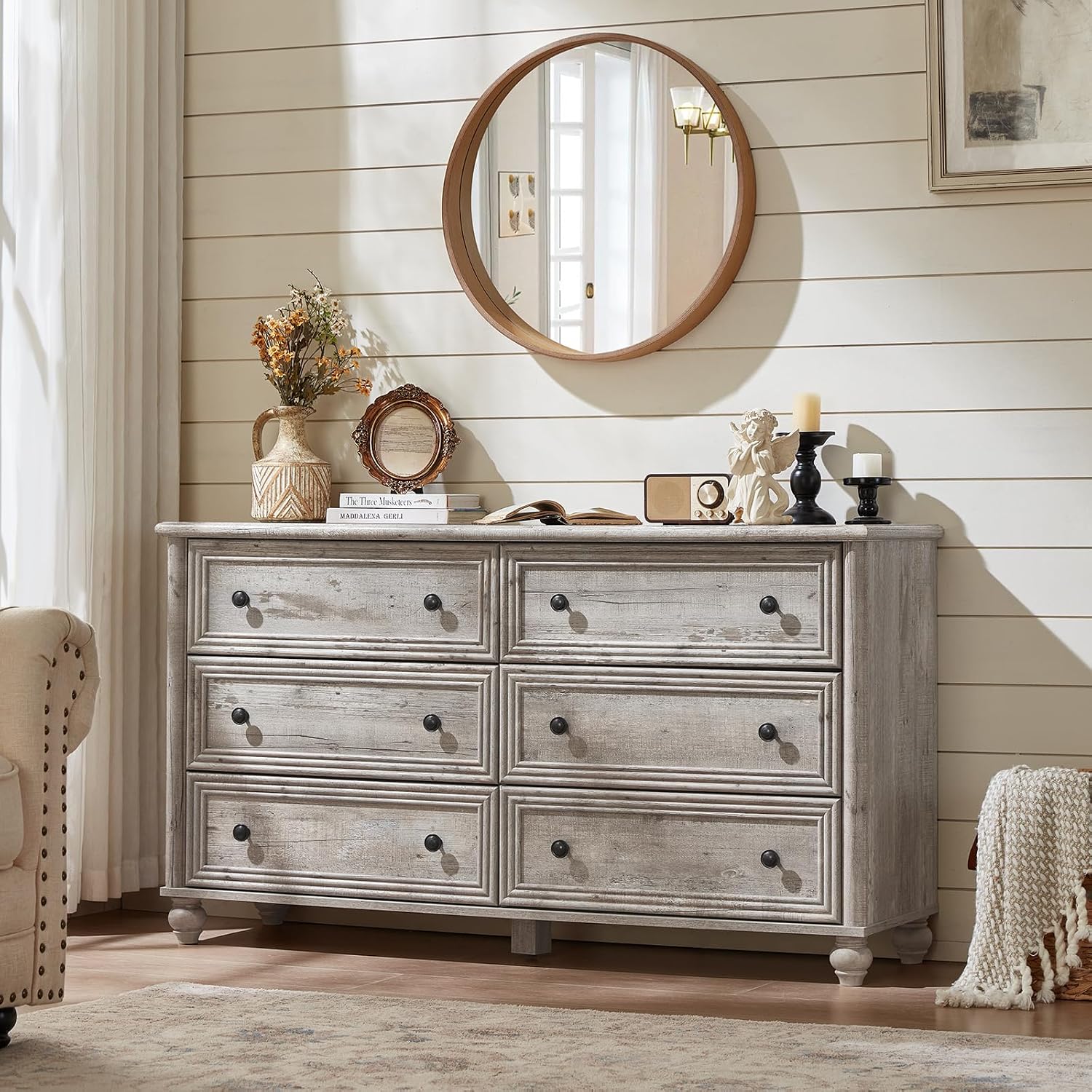 Farmhouse Dressers & Night Stand Set of 4, Wood 54' Wide Dresser & 43.5'Tall Chest of Drawers, 18' with Charging Station Nightstand Set of 2, Bedroom Furniture Dresser Set for Home Living Room Hallway