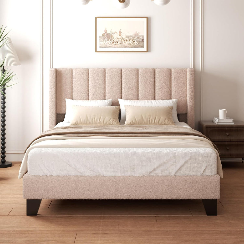 Queen Bed Frame with Headboard Upholstered Platform Bed Frame with Teddy Velvet Headboard, Wooden Slats Support/Wing Edge Design/No Box Spring Needed/Easy Assembly, Camle