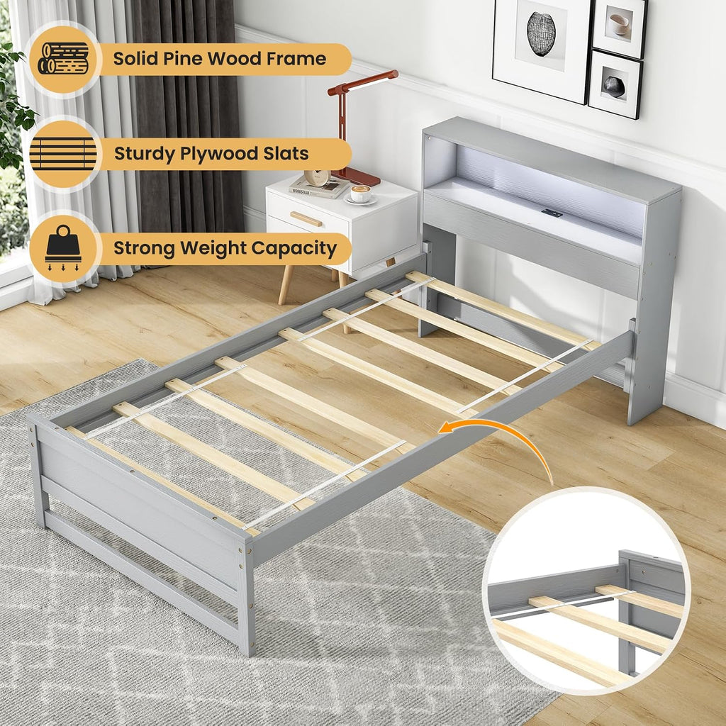 Giantex Twin Bed Frames with Storage Headboard, Wood Platform Bed with Charging Station & LED Light, Single Bed with Slats Support, Under-Bed Space, Twin Bed Frames for Kids Girls Boys (Grey)