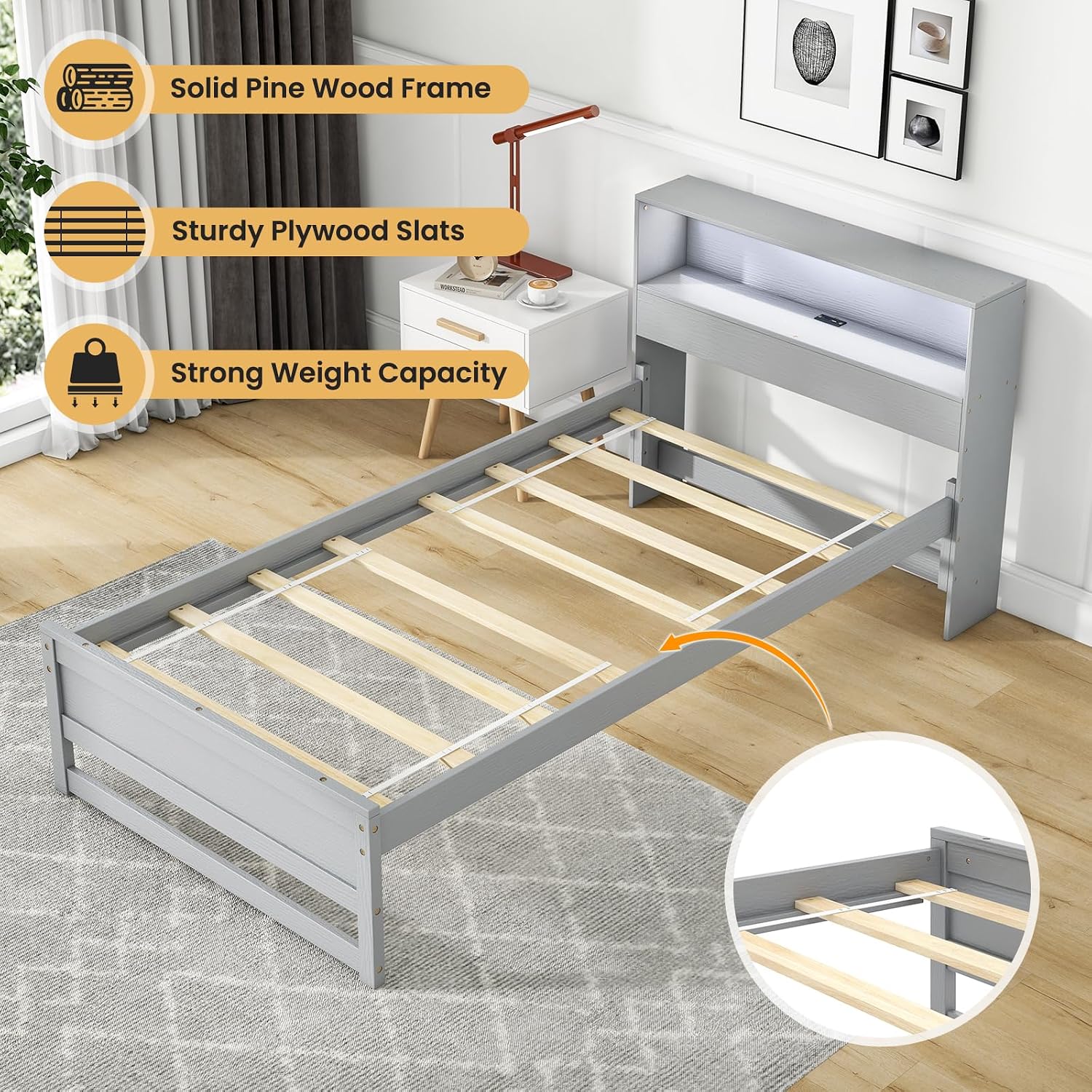 Giantex Twin Bed Frames with Storage Headboard, Wood Platform Bed with Charging Station & LED Light, Single Bed with Slats Support, Under-Bed Space, Twin Bed Frames for Kids Girls Boys (Grey)