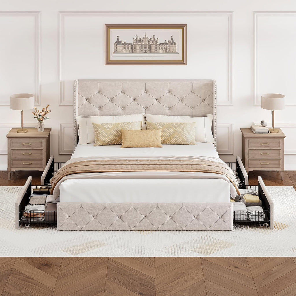 BRELTAM Full Size Bed Frame with Storage Drawers and Wingback Headboard Linen Upholstered Platform Bed Frame Tufted Beds with Heavy Duty Wood Slats, Noise Free, Easy Assembly, Beige