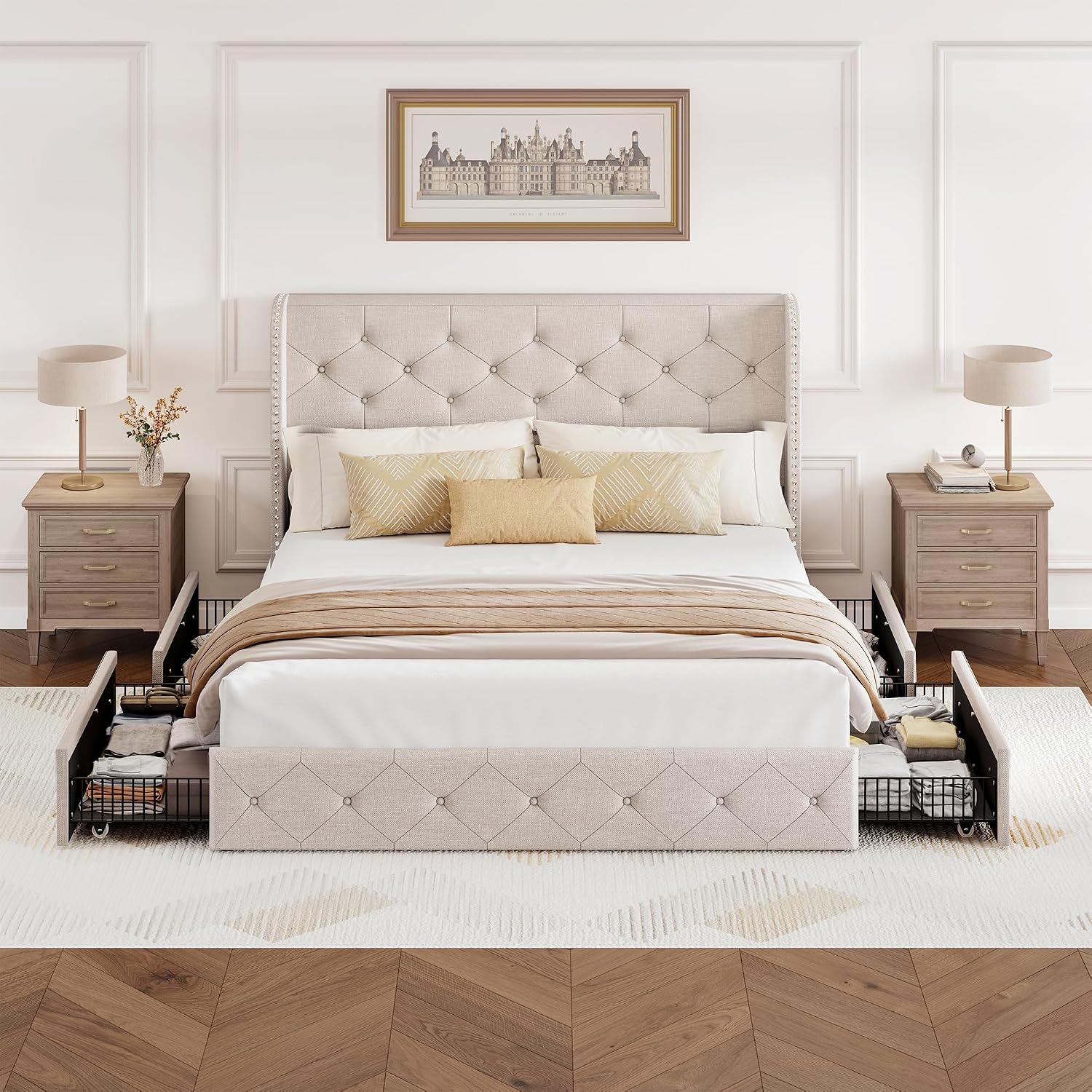 BRELTAM Full Size Bed Frame with Storage Drawers and Wingback Headboard Linen Upholstered Platform Bed Frame Tufted Beds with Heavy Duty Wood Slats, Noise Free, Easy Assembly, Beige
