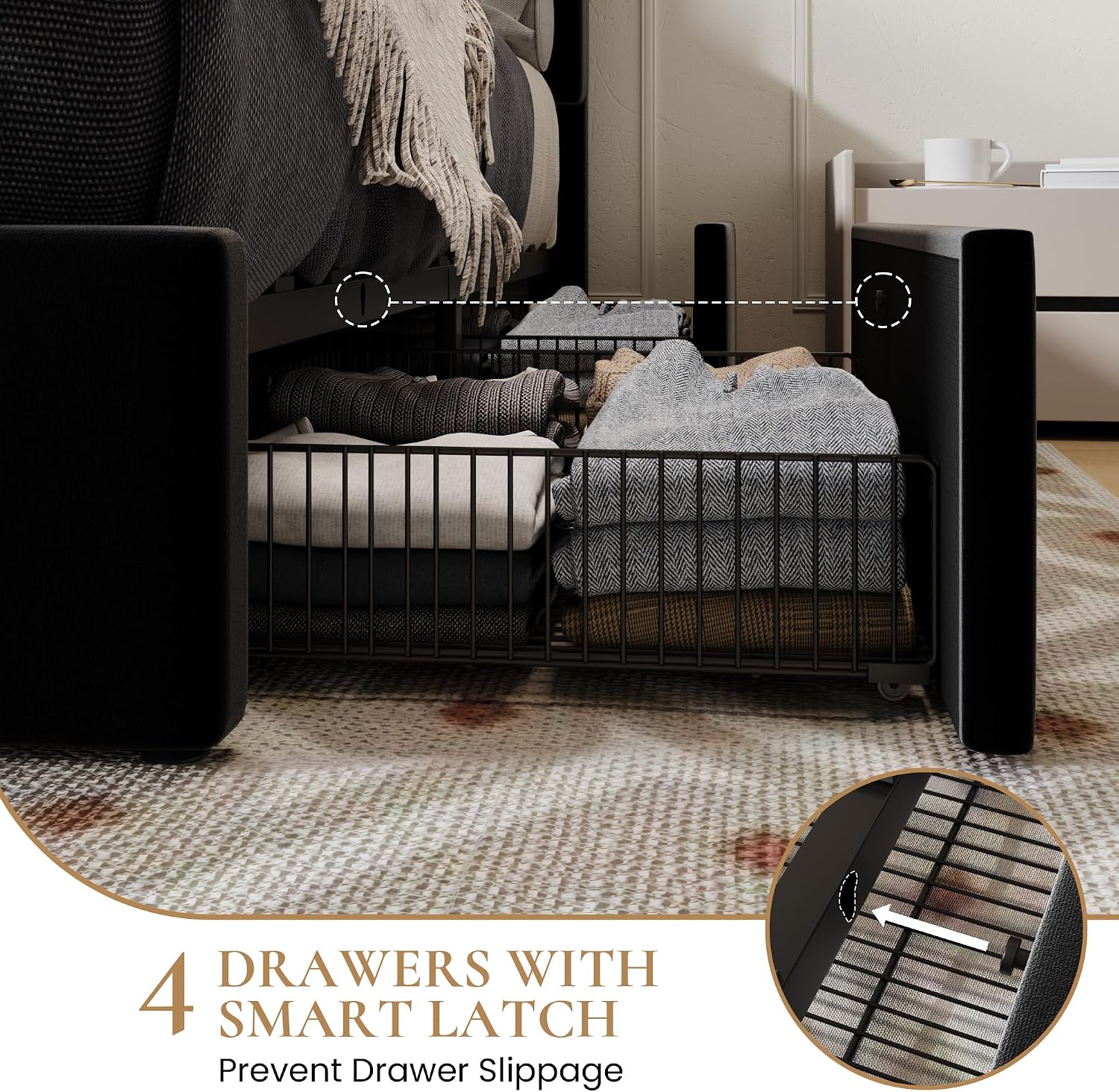 SHA CERLIN Queen Size Platform Bed Frame with 4 Storage Drawers, Vertical Channel Tufted Adjustable Headboard, Velvet Upholstered, Wooden Slats Support, No Box Spring Needed, Easy Assembly, Black