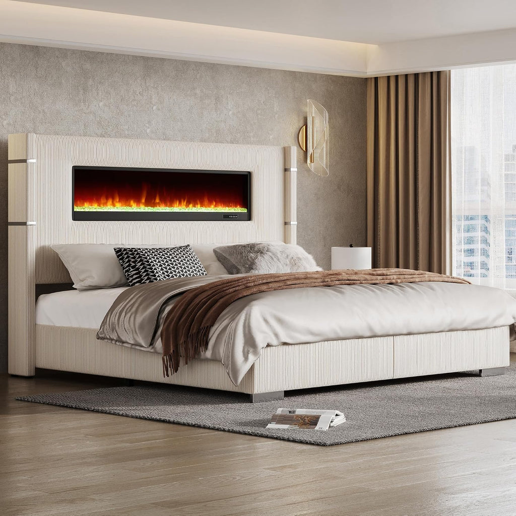 AMERLIFE Modern King Size Bed Frame with Fireplace, Corduroy Upholstered Bed Frame with 60.4' Extra Tall Headboard, Wingback Platform Bed Frame Wooden Slats/No Box Spring Needed, Beige