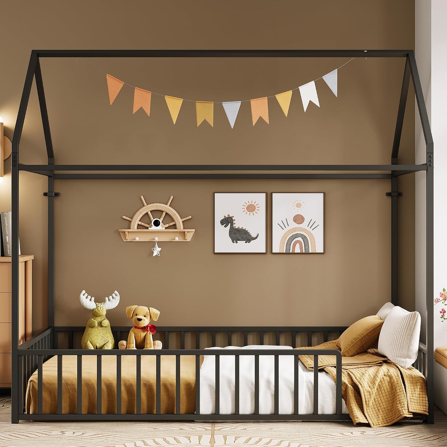LIKIMIO Twin Floor Bed Frame with Roof & Fence Guardrails Metal House Bed for Bedroom, Easy Assemble, No Box Spring Needed, Black