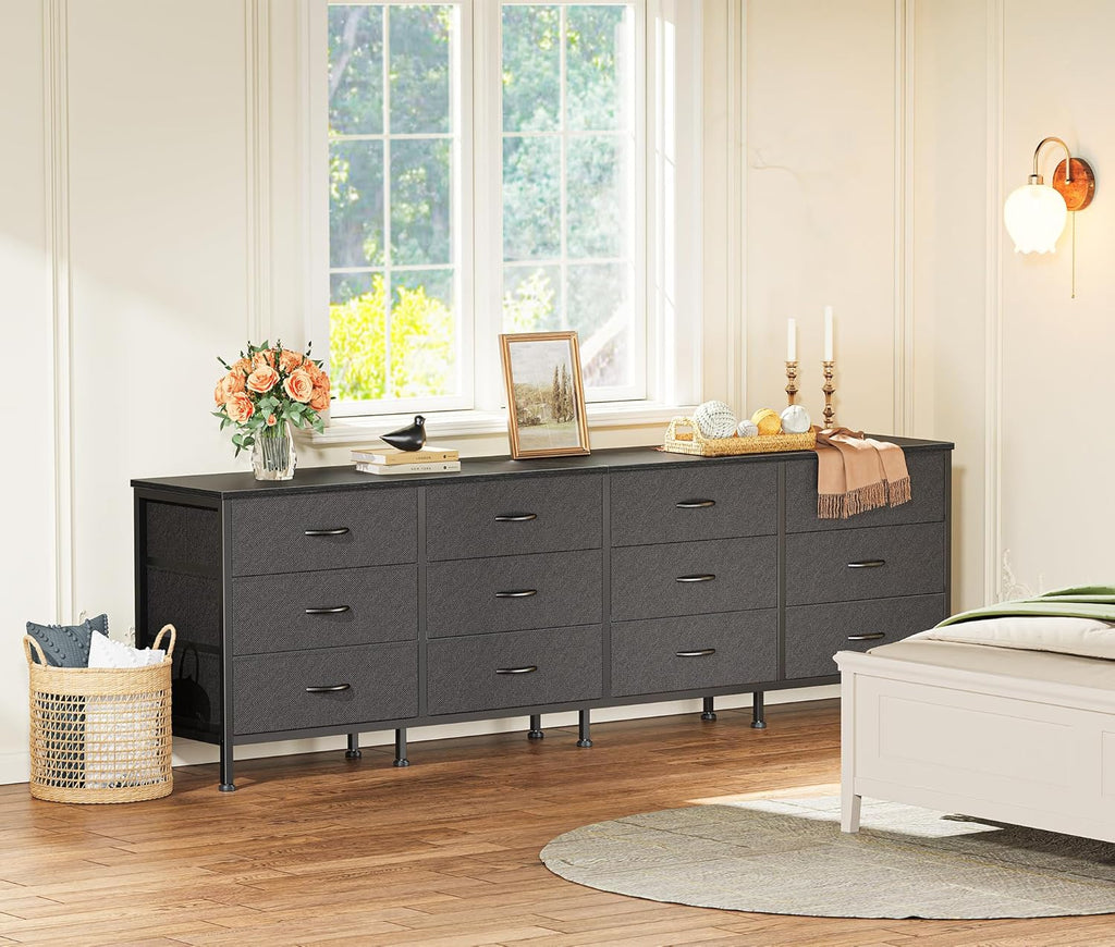 Huuger 70 Inch Black Dresser for Bedroom, TV Stand for 65, 75, 80 Inch TV, 12 Fabric Drawer Long Dresser, Wide Chest of Drawer, Storage Units for Living Room