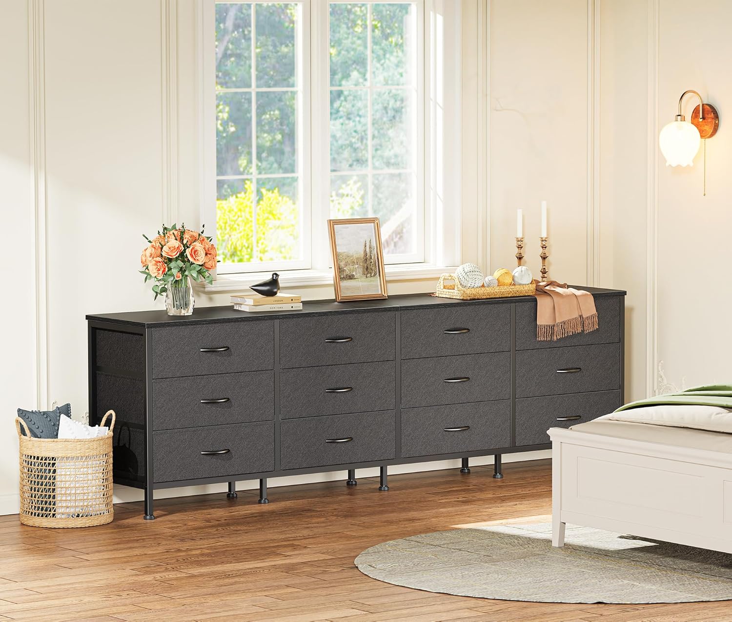 Huuger 70 Inch Black Dresser for Bedroom, TV Stand for 65, 75, 80 Inch TV, 12 Fabric Drawer Long Dresser, Wide Chest of Drawer, Storage Units for Living Room