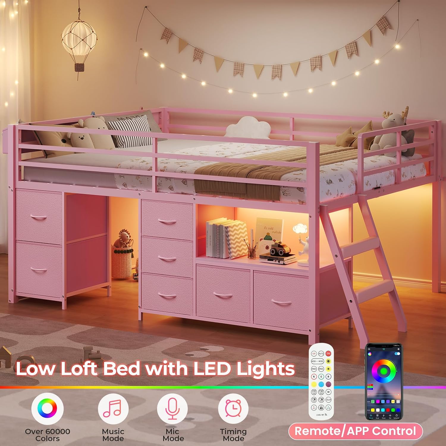 ADORNEVE Low Loft Bed Full Size with 7 Storage Drawers, Bookcase and LED Lights, Metal Kids Loft Bed with 14' H Safety Guardrail,Inclined Ladder and Play Curtain, Under-Bed Play Space, Pink