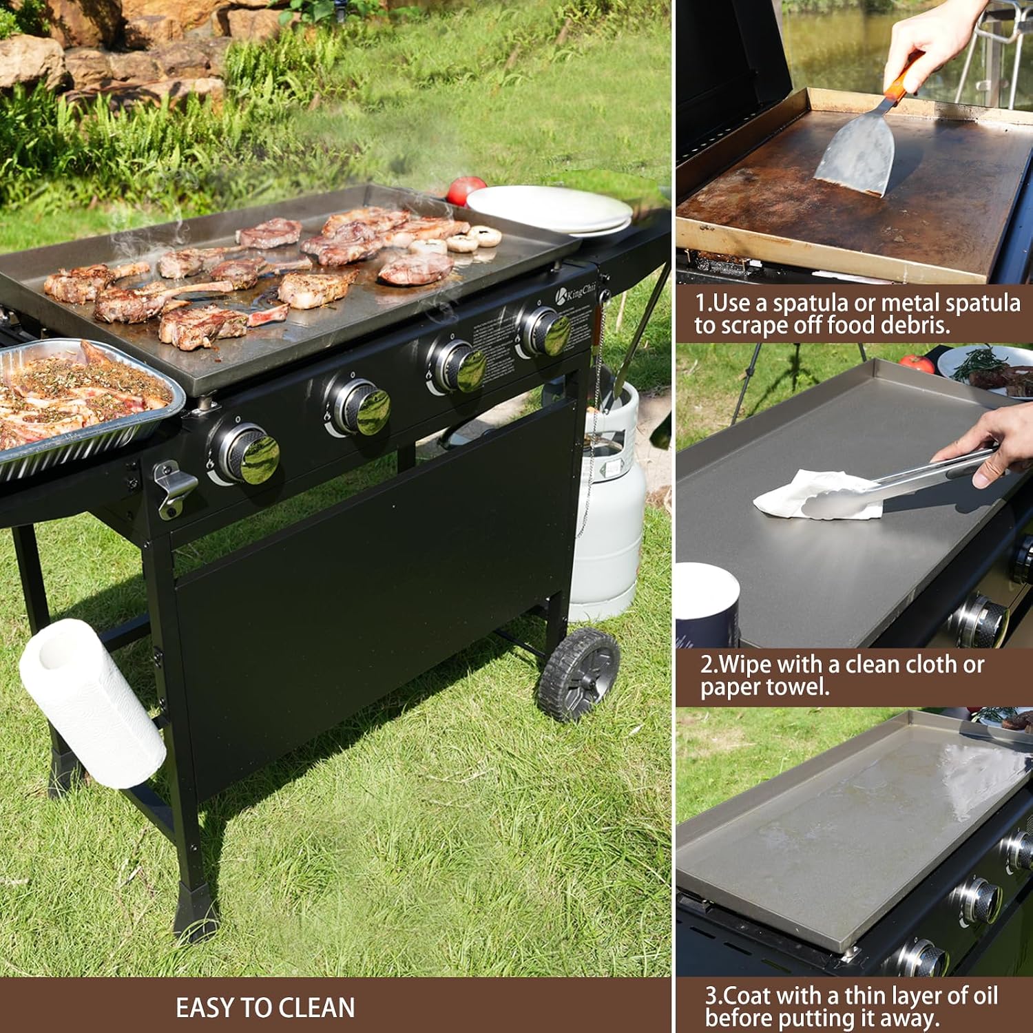 KingChii 32' 4-Burner Griddle with Integrated Protective Hood and Counter Height Side Shelves, Powder Coated Steel, for Breakfast, BBQ & Grilling w/Steel Cooking Surface,Black