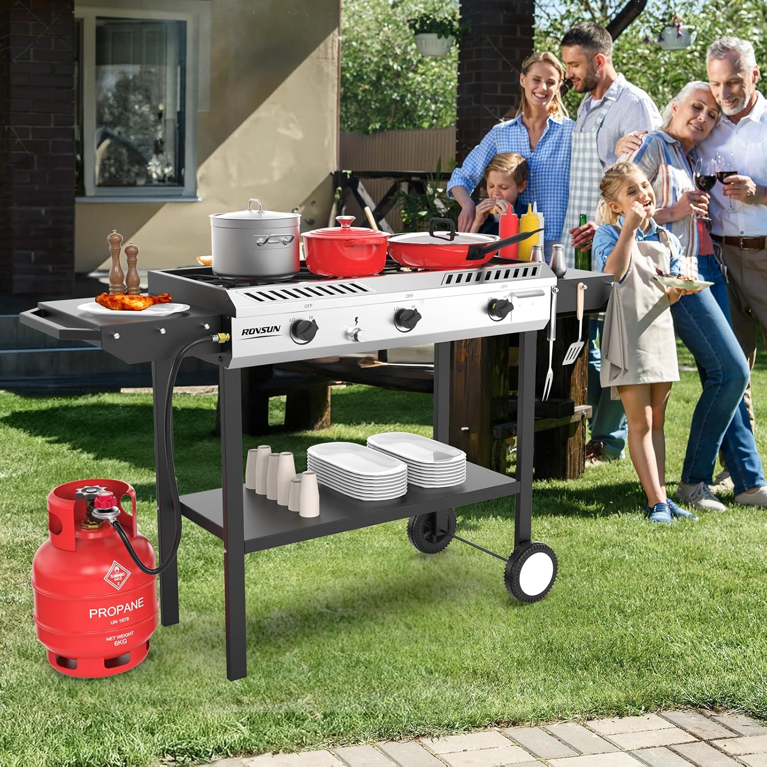 ROVSUN 3 Burner Outdoor Propane Gas Stove with Ignition, Regulator & Side Shelves, 225,000 BTU Rolling Gas Stove Outdoor Cooker for Backyard Patio Cooking Home Camping Brewing Canning Turkey Frying