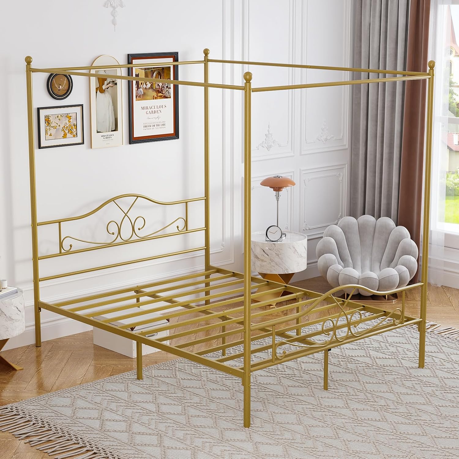 Weehom Canopy Bed Frame Queen Size with Headboard and Footboard, Four-Poster Canopy Bed Metal Platform Mattress Foundation Underbed Storage No Box Spring Needed Easy Assembly, Gold