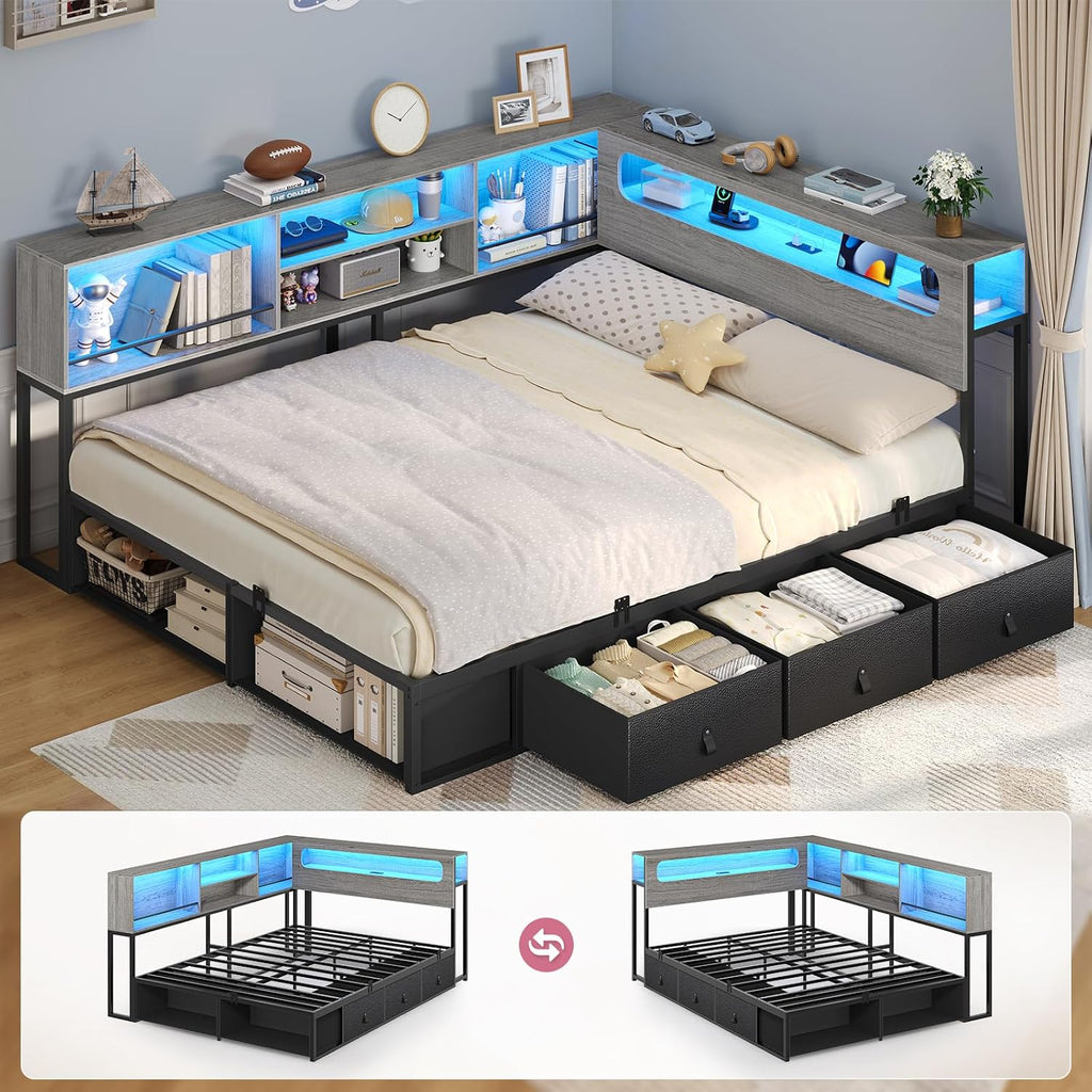 ADORNEVE Corner Bed Frame Full Size with Bookcase Storage & RGB Lights, Charging Station, Metal Daybed with 3 Drawers & 2 Open Cubbies, for Teens, Small Space, Black & Oak Grey