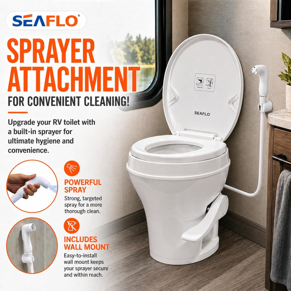 SEAFLO RV Toilet with Sprayer Attachment - White, 18.4' Residential Height, Gravity Flush Foot Pedal Camper Toilet Soft Close Seat Elongated Bowl Motorhome, 4-Year Warranty, SFRTPH-01-02