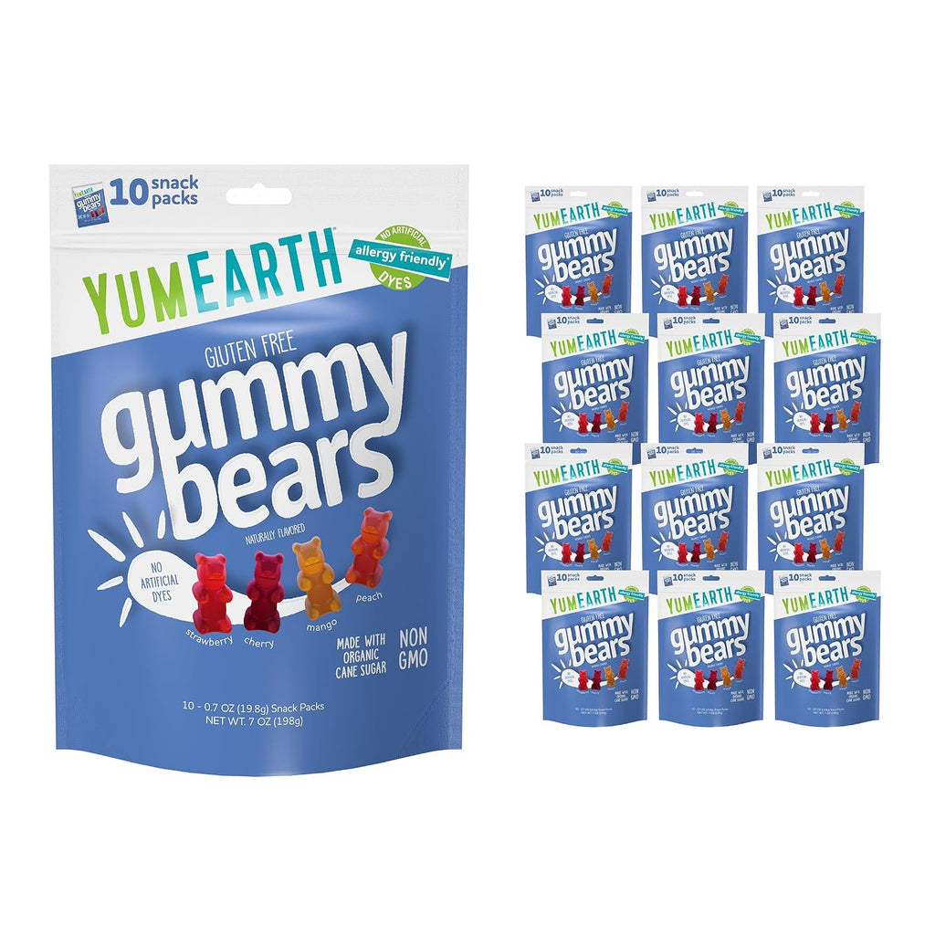 YumEarth Gummy Bears, Assorted Flavors, 10 Snack Packs Per Bag (Pack of 12)