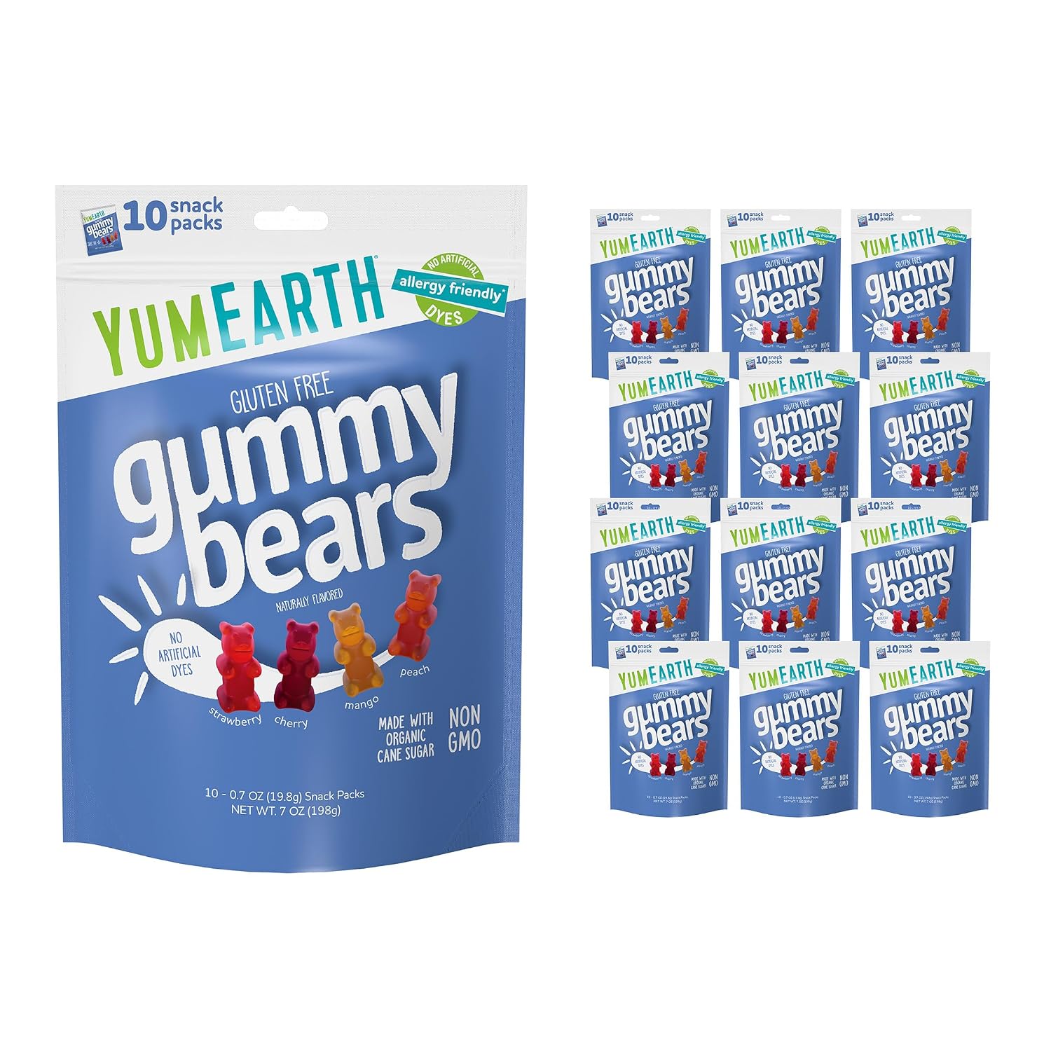 YumEarth Gummy Bears, Assorted Flavors, 10 Snack Packs Per Bag (Pack of 12)