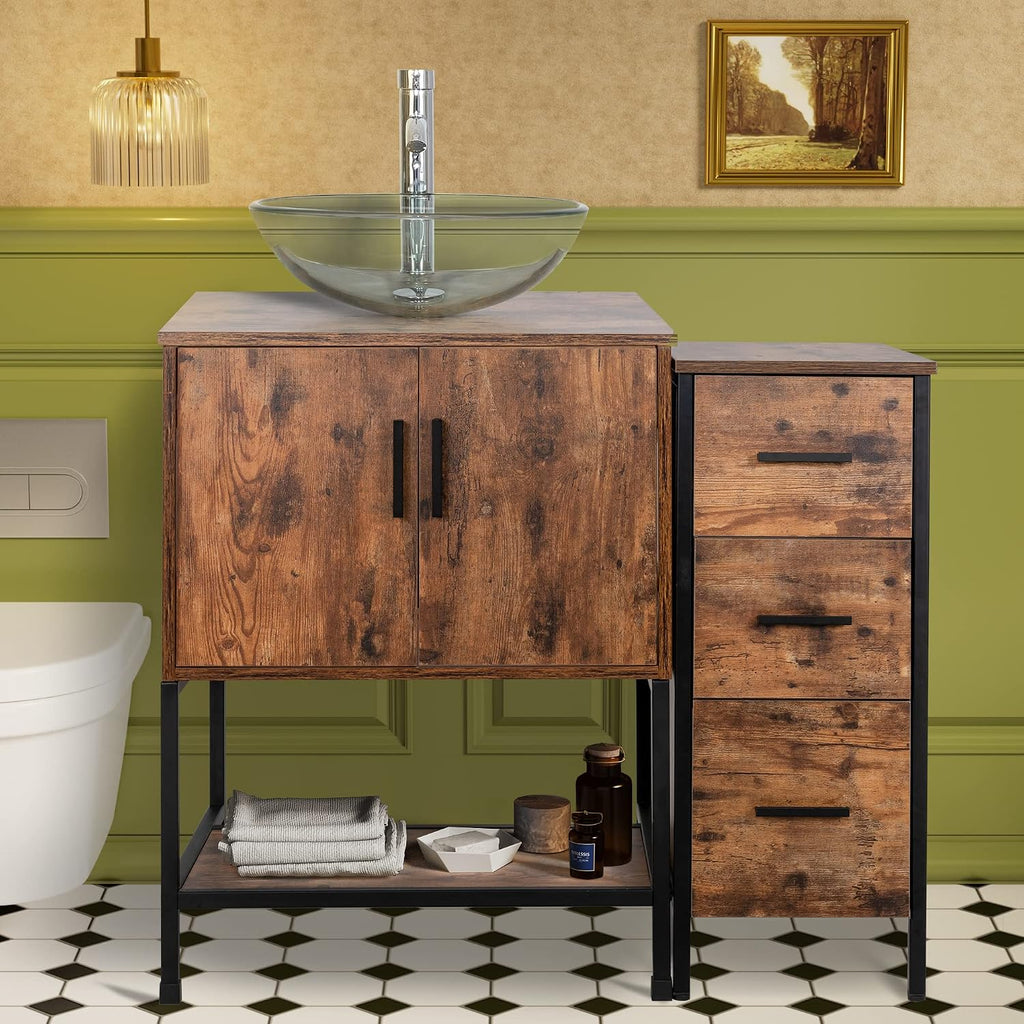 UEV 36' Antique Bathroom Vanity, Dark Brown Bathroom Vanity Set with Sink and 3 Drawers Side Cabinet Combo, Iron Wood Bathroom Cabinet with Adjustable Water Temperature Faucet (A16)