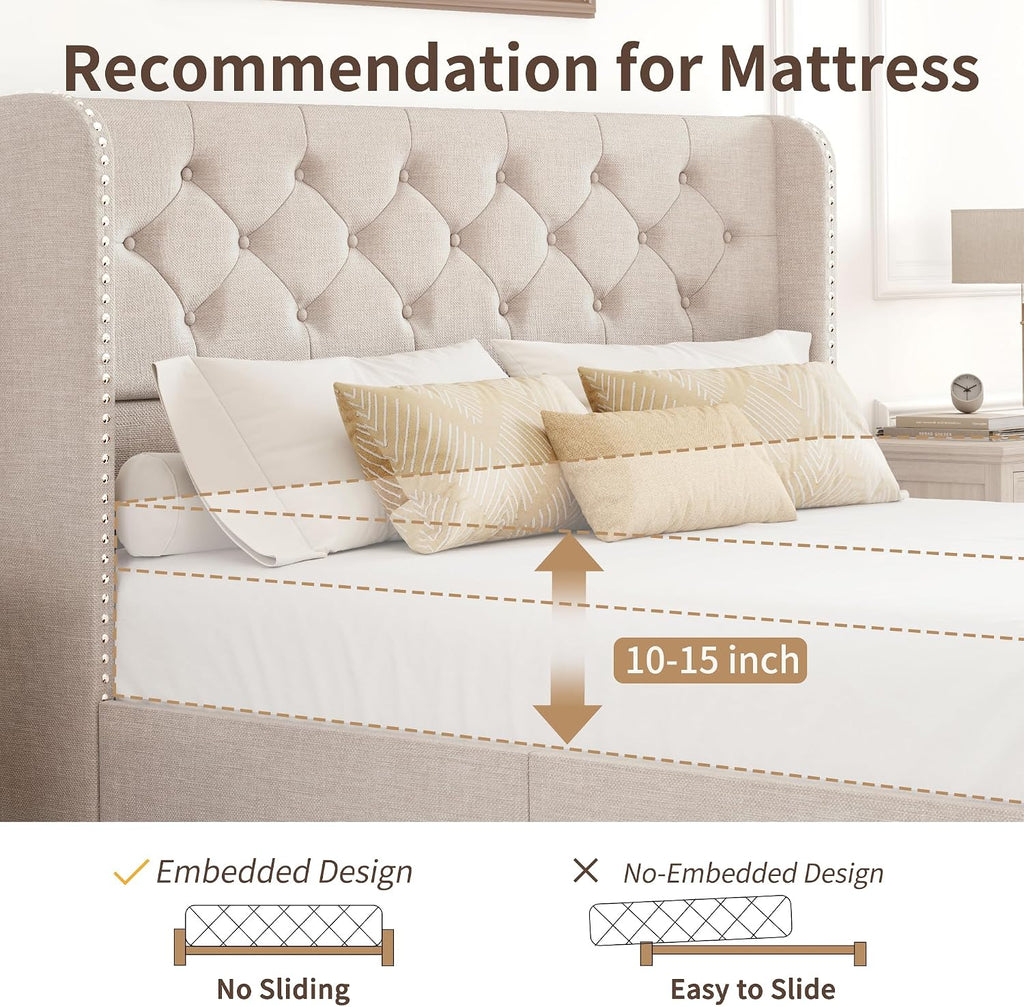 BRELTAM Queen Size Bed Frame with Storage Drawers and Wingback Headboard Linen Upholstered Platform Bed Frame Tufted Beds with Heavy Duty Wood Slats, Noise Free, Easy Assembly, Beige