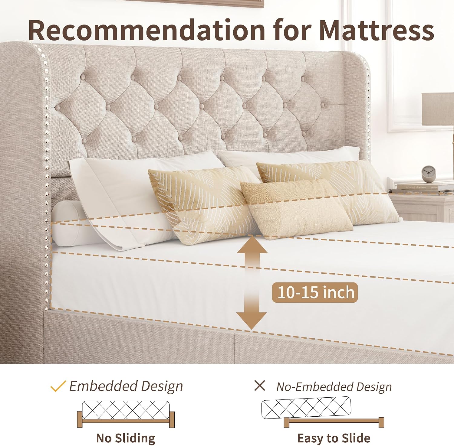 BRELTAM Queen Size Bed Frame with Storage Drawers and Wingback Headboard Linen Upholstered Platform Bed Frame Tufted Beds with Heavy Duty Wood Slats, Noise Free, Easy Assembly, Beige