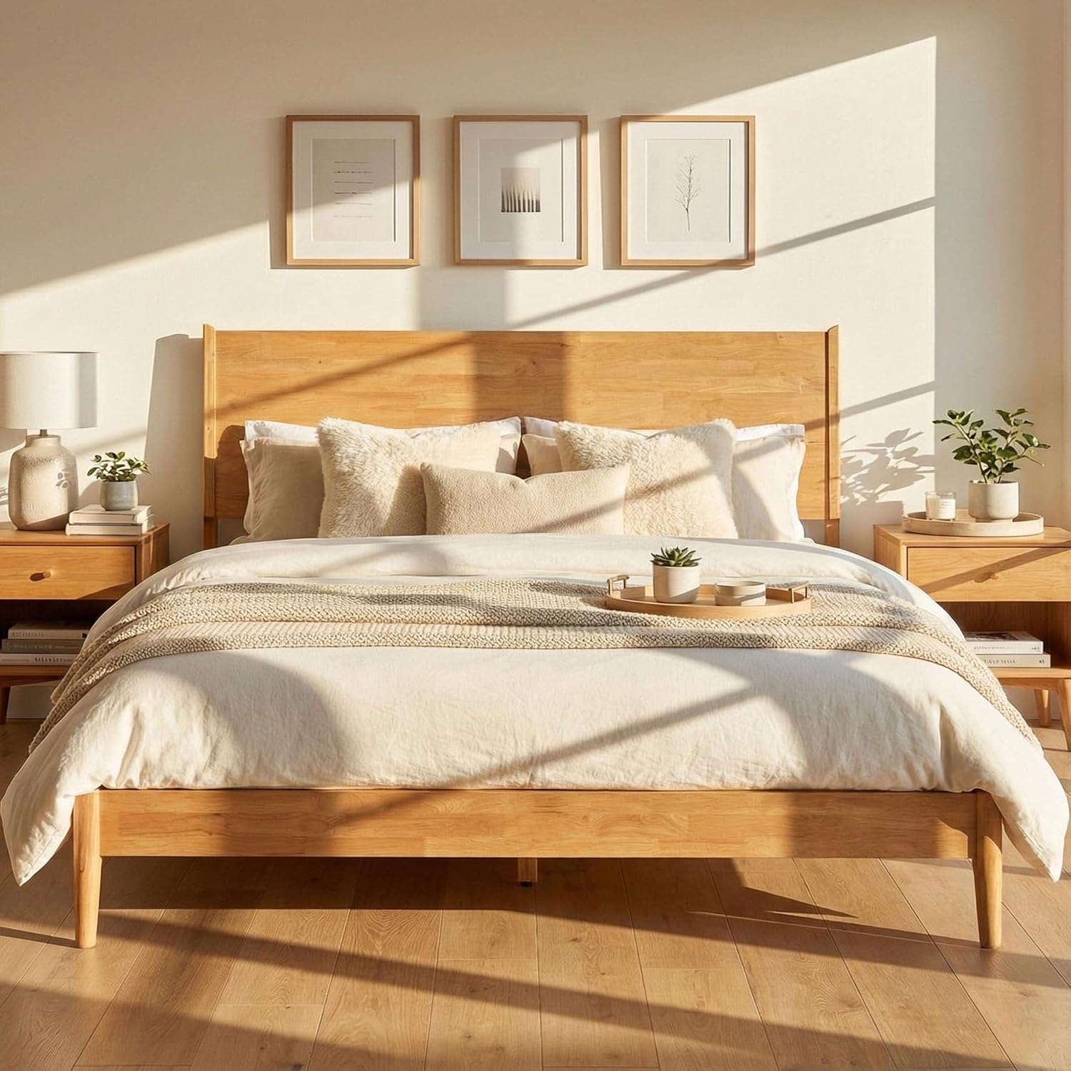 Acacia Haven Queen Bed Frame and Headboard, Solid Wood Platform Bed Frame Scandinavian Compatible with All Mattress Types, Wood Slats Support 800lbs Capacity, Quick & Easy Assembly, Natural Oak