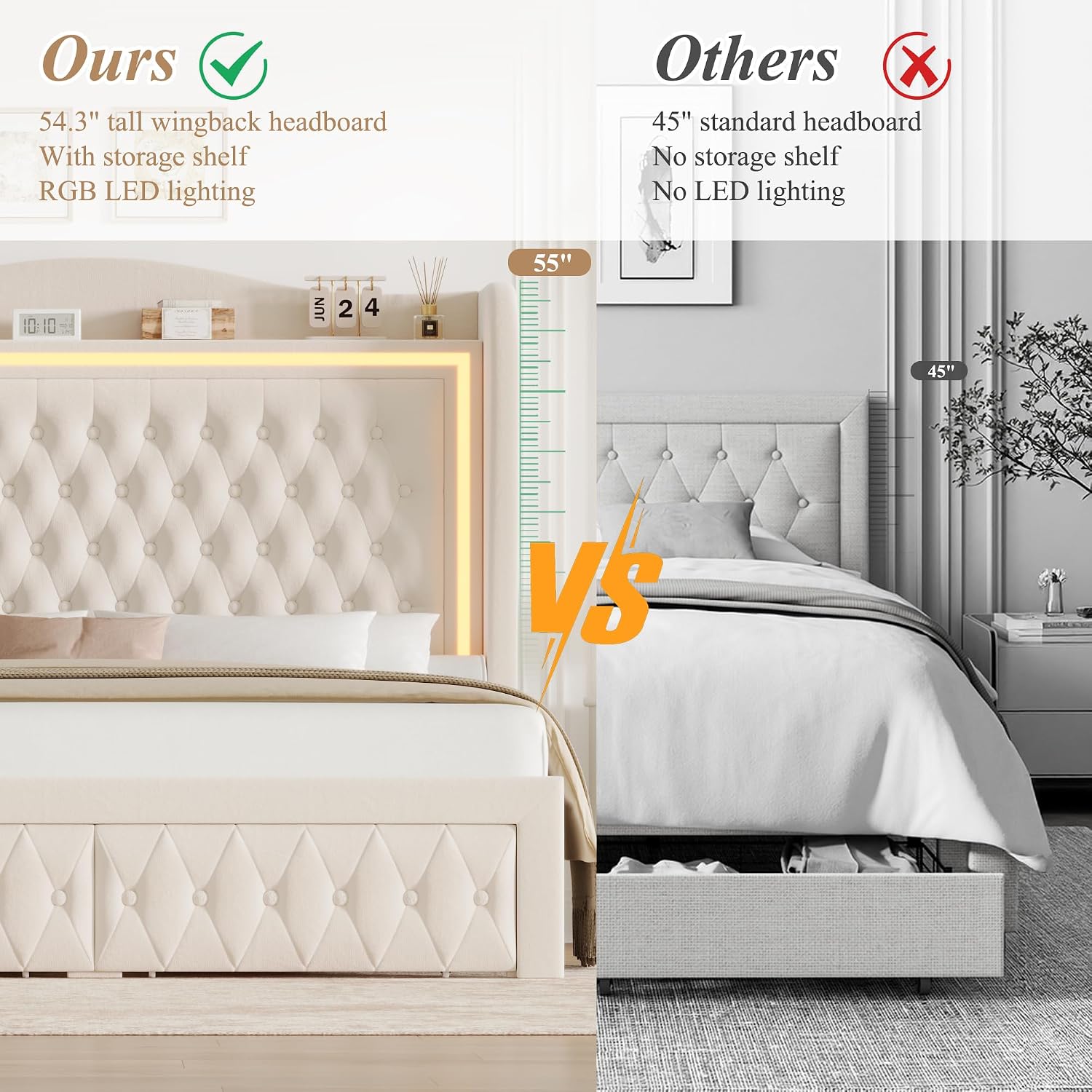 King Bed Frame 55' Tall Headboard with LED Lights, Buttons Tufted Velvet Upholstered Platform Bed Frame with 2 Storage Drawers, Wood Slats Support Mattress Foundation, No Box Spring Needed, Beige