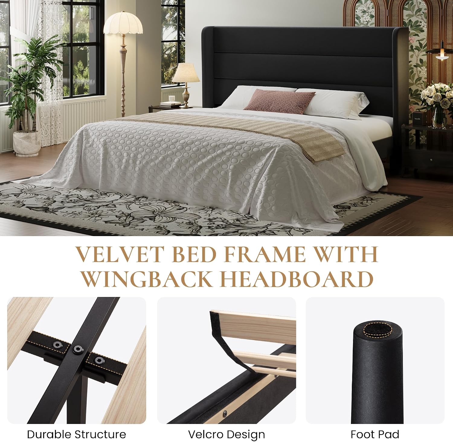 SHA CERLIN King Size Velvet Bed Frame with Wingback Headboard/Upholstered Platform Bed with Wooden Slats/Mattress Foundation/No Box Spring Needed/Easy Assembly/Black