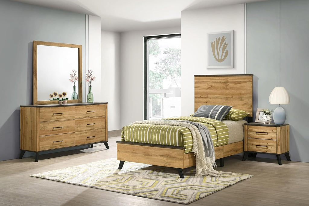 Coaster Home Furnishings Kaywood Mid-Century Modern 4-Piece Bedroom Set Twin Size Panel Bed Frame 52-inch Headboard Weathered Brown and Natural Pine 225001T-S4