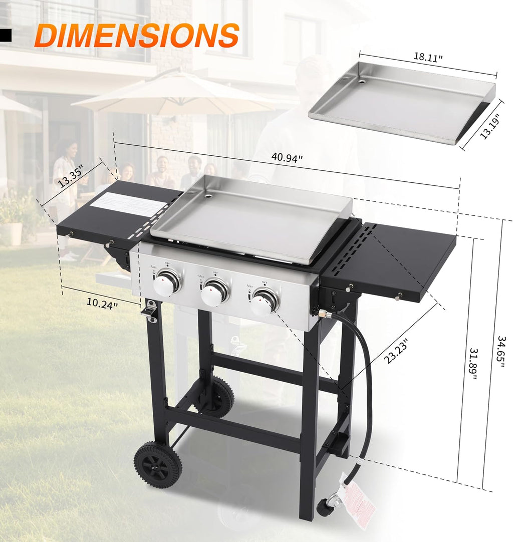3 Burner Propane Flat Top Grill, 18 Inch Stainless Steel Griddle with Detachable Tabletop & Cart, BBQ Cooker with Side Shelf & 2 Wheels, 28,650 BTU, Dust Cover & Hose for Camping Tailgating