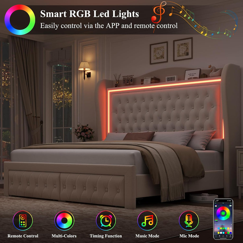 King Bed Frame 55' Tall Headboard with LED Lights, Buttons Tufted Velvet Upholstered Platform Bed Frame with 2 Storage Drawers, Wood Slats Support Mattress Foundation, No Box Spring Needed, Beige