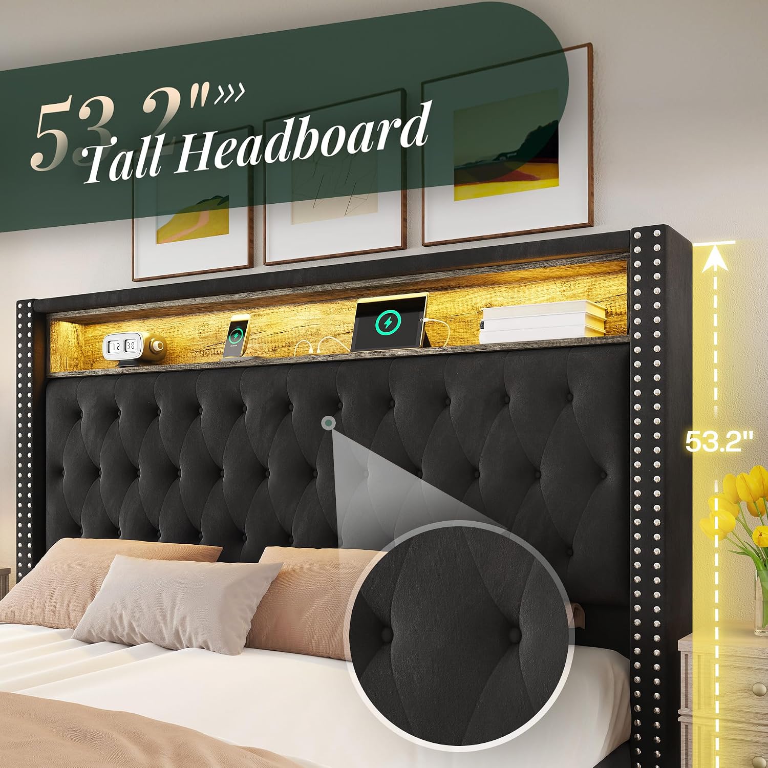 Jocisland 53.2'' King Size Bed Frame with Tall Storage Headboard, LED Lights & Charging Station, Velvet High Upholstered Button Tufted Wingback Platform Bed, No Box Spring Needed, Black
