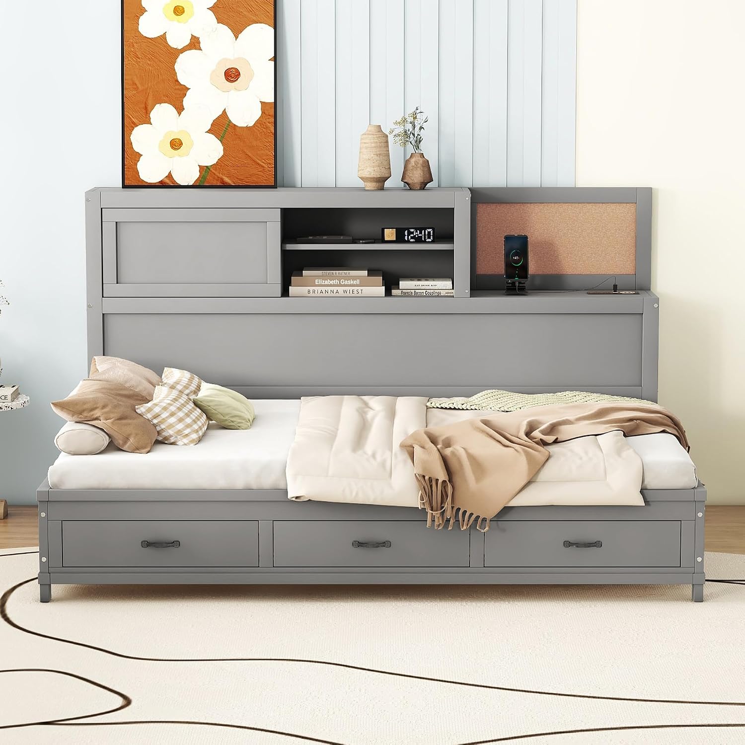 Merax Full Size Daybed with 3 Storage Drawers,Headboard with Shelf,A Set of Sockets and USB Ports,Grey