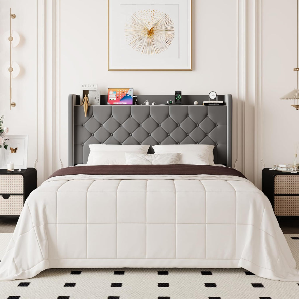 Allewie Queen Size Bed Frame, Storage Headboard with Charging Station, Wingback Velvet Upholstered, Diamond Stitched Button Tufted, Sturdy Wooden Slats, No Box Spring Needed, Easy Assembly, Grey