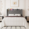 Allewie Queen Size Bed Frame, Storage Headboard with Charging Station, Wingback Velvet Upholstered, Diamond Stitched Button Tufted, Sturdy Wooden Slats, No Box Spring Needed, Easy Assembly, Grey
