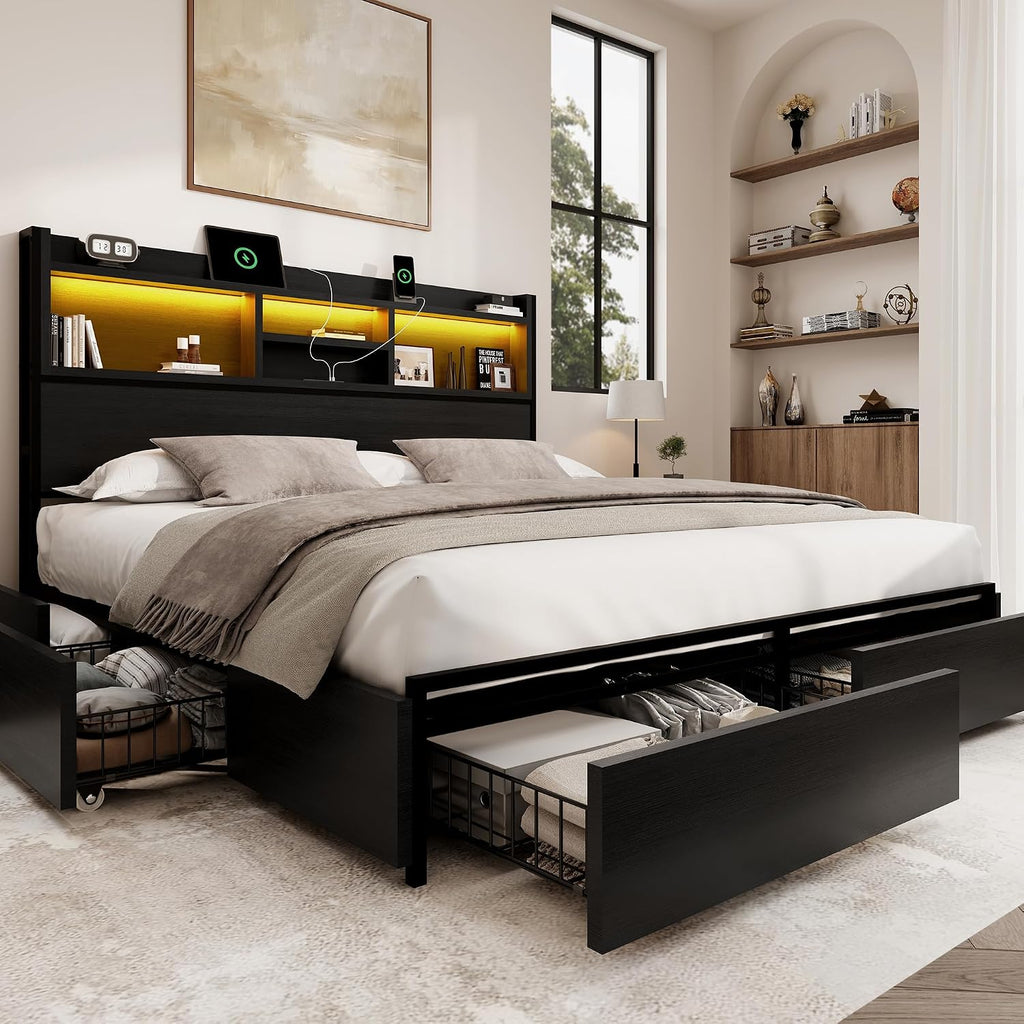 BRELTAM Queen Storage Bed Frame with 6 Drawers, USB Charging Station, No Noise, No Box Spring Required, Vintage Black Headboard Platform Bed