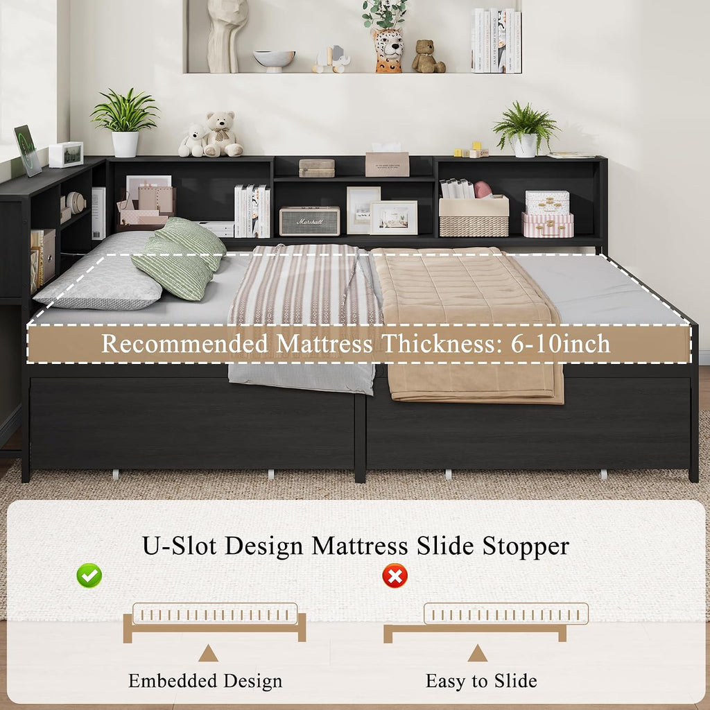 Full Size Corner Bed Frame with 8 Bookcase Headboard & 2 Storage Drawers, Full Metal Platform Bed with Charging Station, Full Daybed for Kids Teens Guests, Black