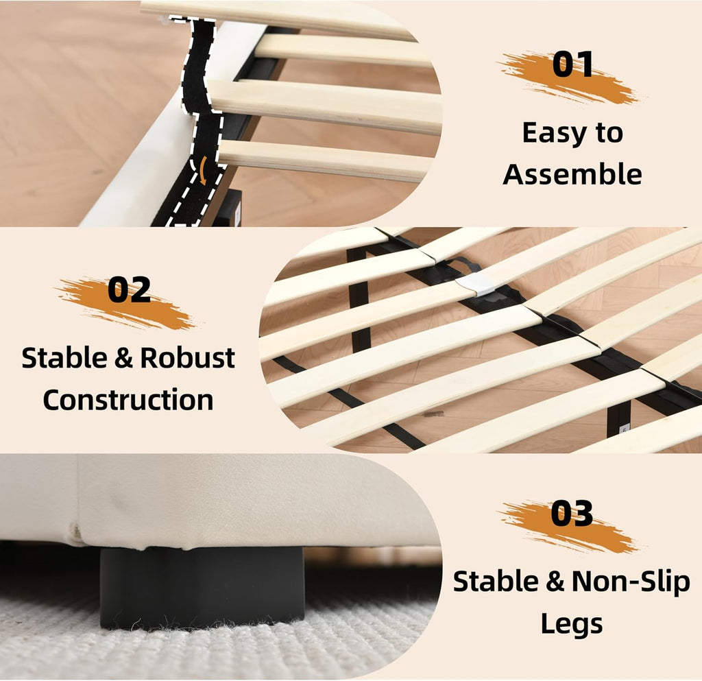 Queen Size Bed Frame with 63' Tall Headboard, Velvet Fabric Upholstered Platform Bed with 2 Large Storage Drawers, Deep Button Tufted, Wooden Slats, Easy Assembly, No Box Spring Needed, Cream