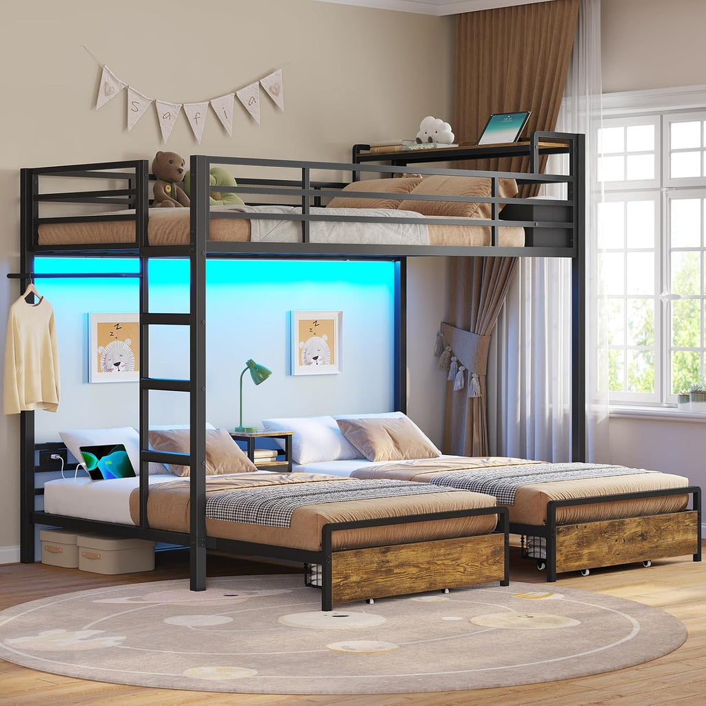DICTAC Triple Bunk Bed for Kids with Storage Drawers and Charging Station Twin Over Twin Metal Bunk Bed with Storage Shelves and Box,3 Beds with Guardrails and Ladder, No Box Spring Needed, Black