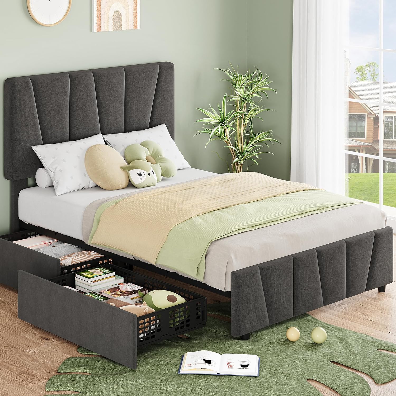 Twin Size Bed Frame with Upholstered Headboard & 2 Storage Drawers with Wheels, Platform Bed Frame with Wooden Slat Support, Adjustable Headboard, No Box Spring Needed, Noise-Free, for Bedroom