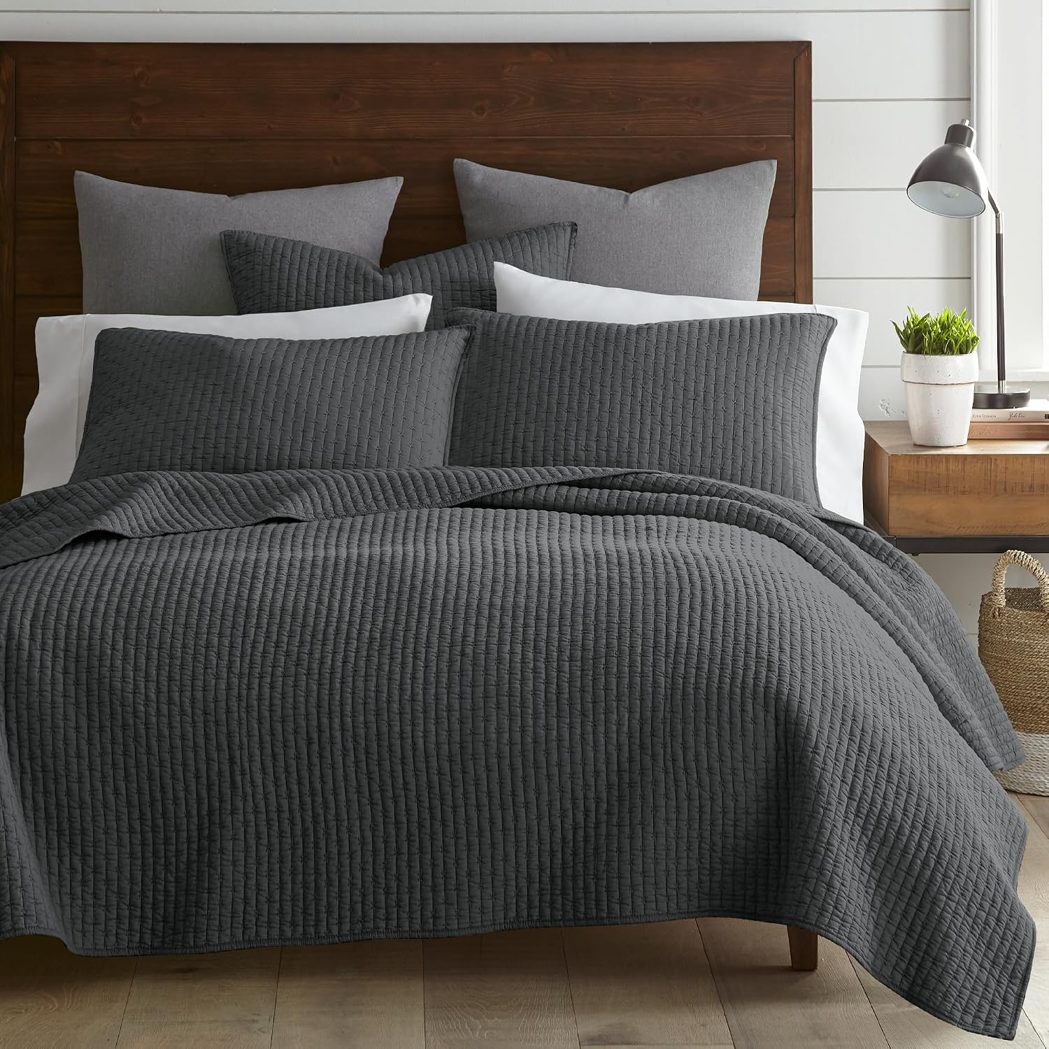 Levtex Home Cross Stitch Reversible King/Cal King Quilt Set (106x92in) and 2 Pillow Shams (36x20in) - Stitch Texture - Charcoal - Cotton King Size Quilt Bedding Set - Lightweight Soft Pre-Washed