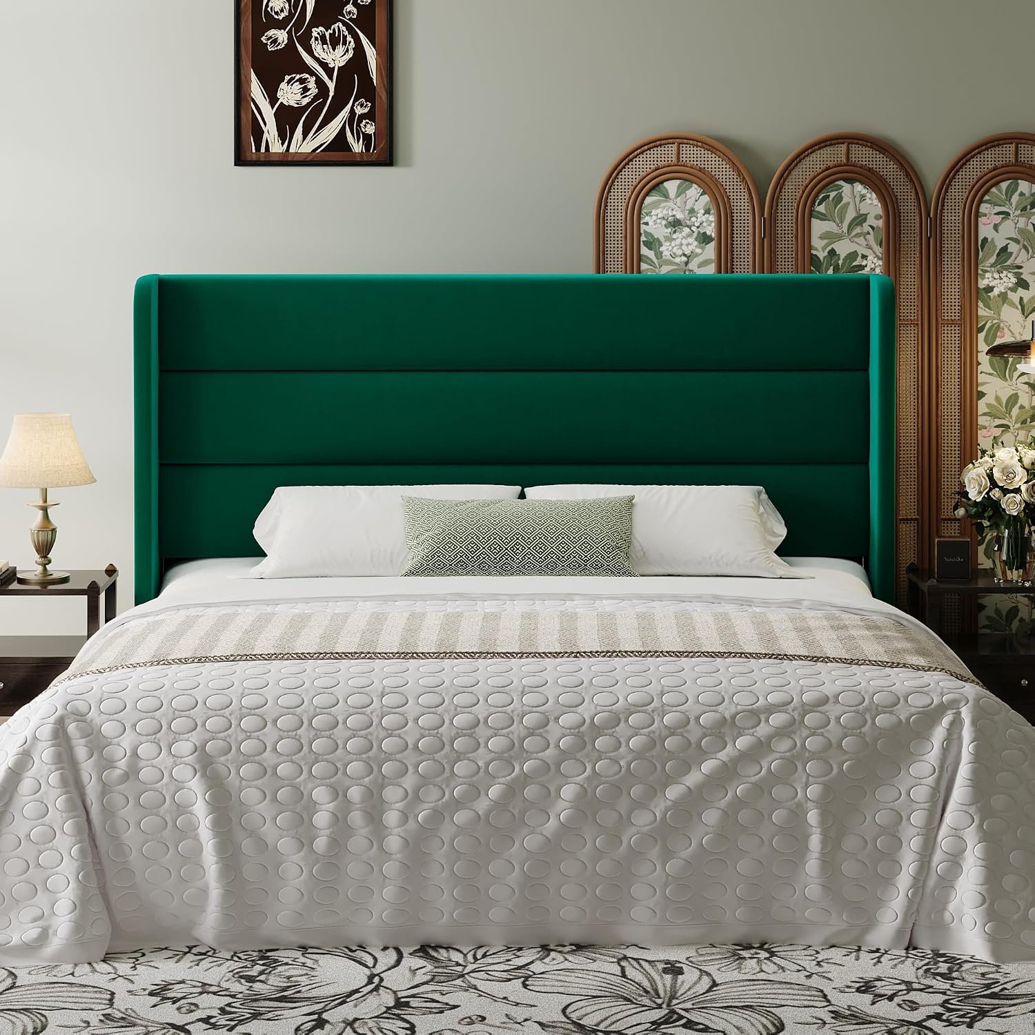 SHA CERLIN King Size Velvet Bed Frame with Wingback Headboard/Upholstered Platform Bed with Wooden Slats/Mattress Foundation/No Box Spring Needed/Easy Assembly/Green
