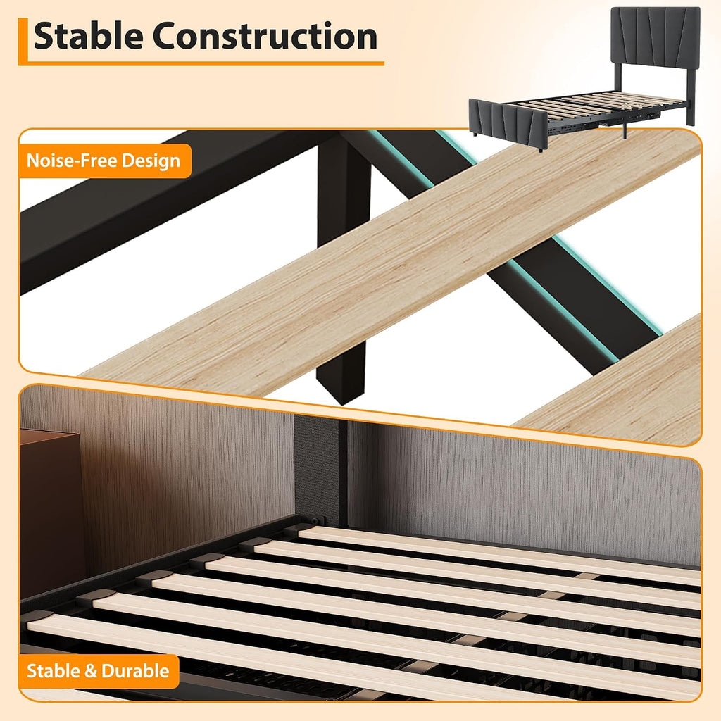 Twin Size Bed Frame with Upholstered Headboard & 2 Storage Drawers with Wheels, Platform Bed Frame with Wooden Slat Support, Adjustable Headboard, No Box Spring Needed, Noise-Free, for Bedroom