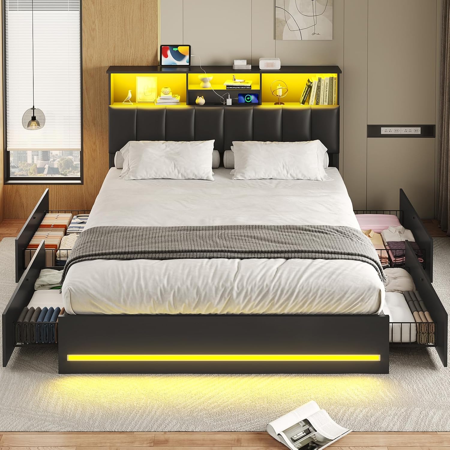 VIAGDO Full Size Bed Frame with Bookcase Headboard, Wooden Bed Frame Full Size with Charging Station, 4 Storage Drawers and LED Lights, with Type-C and USB, No Box Spring Needed, Black