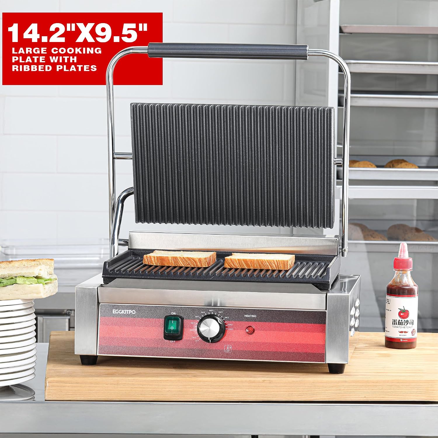 EGGKITPO Commercial Panini Press Grill with Grooved Plates Electric Sandwich Maker with Adjustable Temp Control 110V 1700W 14'×9.5' Ribbed Enamel Plates for Breakfast and Hamburger in Home Kitchen