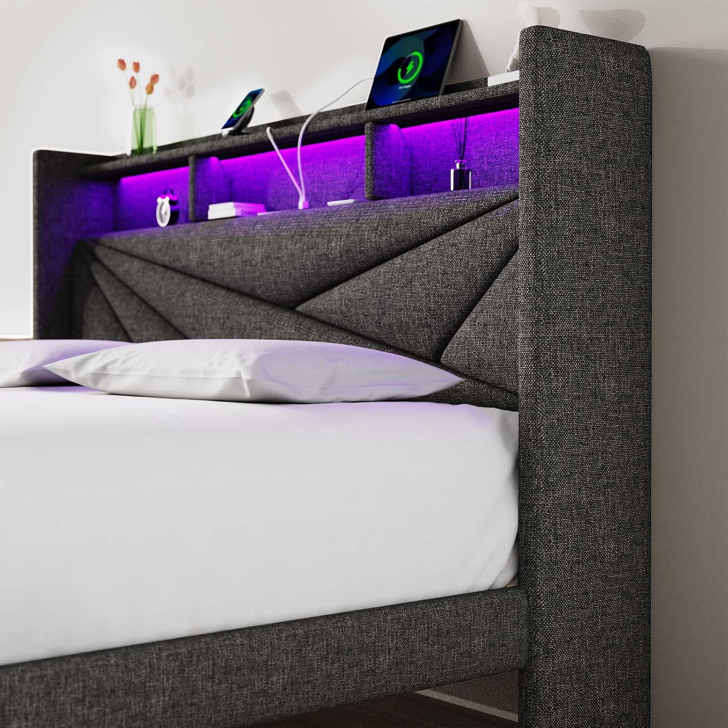 Driftalia LED Full Size Bed Frame with 2 Storage Drawers, Upholstered Full Bed Frame with Headboard and Charging Station, No Box Spring Needed, Easy to Assembly-Dark Grey